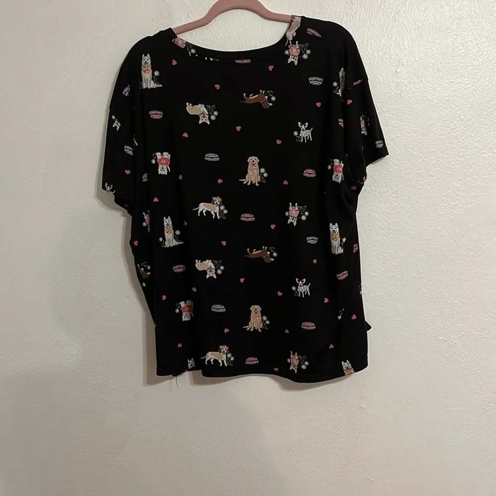 VTG Joyspun Size 2X Short Sleeve Black With All over Dogs Print PJ Set